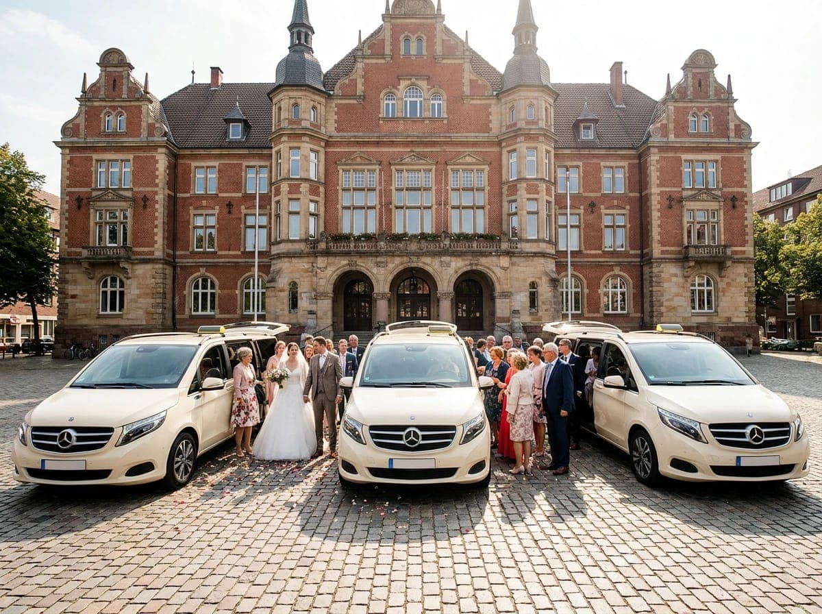 Drei helle Großraum-Taxis vor dem Harburger Rathaus, dazwischen ein Brautpaar mit Gästen