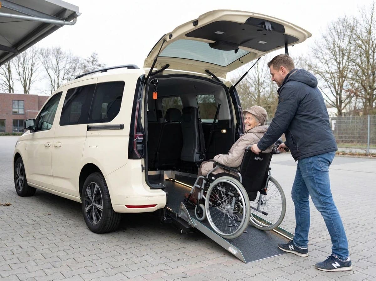 Ein Mann schiebt eine ältere Frau im Rollstuhl über eine ausgeklappte Rampe in ein helles Taxi
